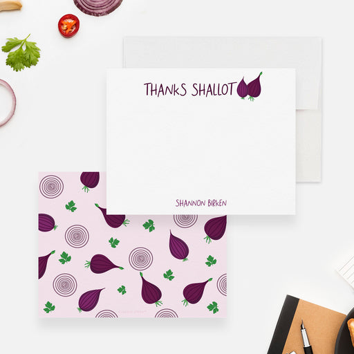 Personalized funny shallot thank you card with vegetable illustration and custom name-front-back