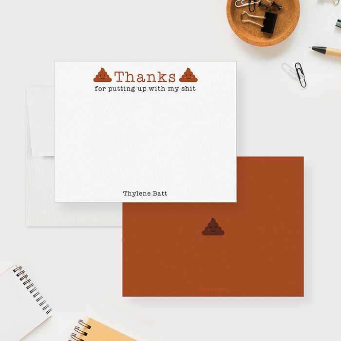 Funny personalized thank-you note card with poop illustrations, “Thanks for putting up with my shit” message, and custom name-front-back