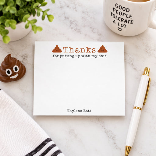 Funny personalized thank-you note card with poop illustrations, “Thanks for putting up with my shit” message, and custom name-front