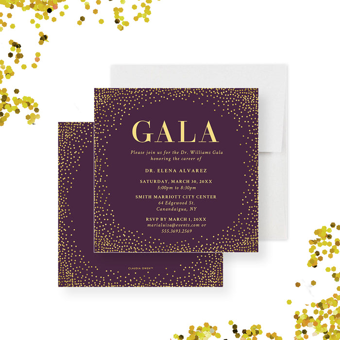 Elegant purple and gold personalized gala invitation card, custom printed for formal event celebrations.-front-back