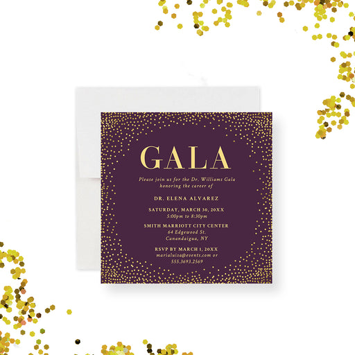 Elegant purple and gold personalized gala invitation card, custom printed for formal event celebrations.-front