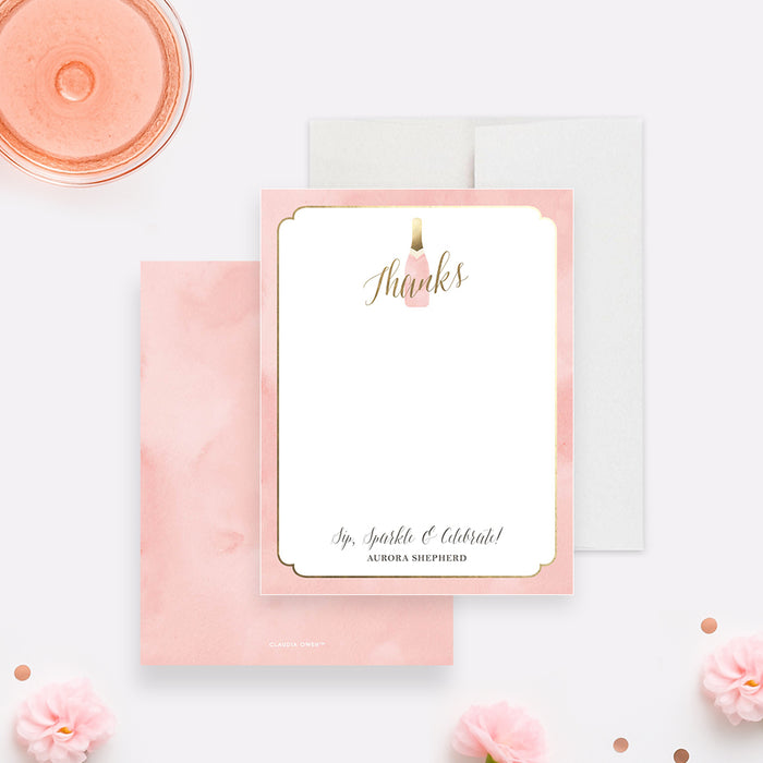 personalized blush pink thank you card with champagne bottle illustration, elegant lettering, soft watercolor background, and custom name-front-back