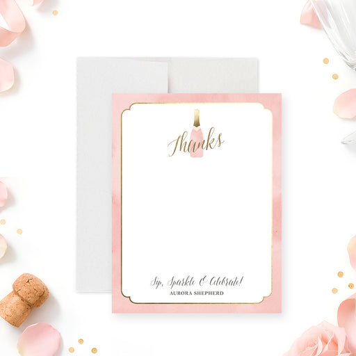 personalized blush pink thank you card with champagne bottle illustration, elegant lettering, soft watercolor background, and custom name-front