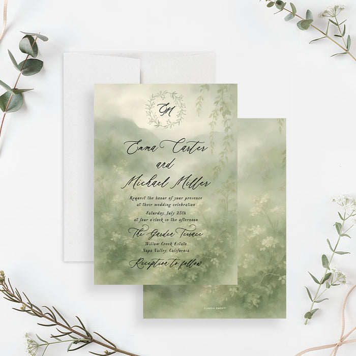 Personalized garden wedding invitation with misty sage watercolor greenery, leafy monogram wreath, couple’s names, venue and event details-front-back