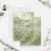 Personalized garden wedding invitation with misty sage watercolor greenery, leafy monogram wreath, couple’s names, venue and event details-front-back