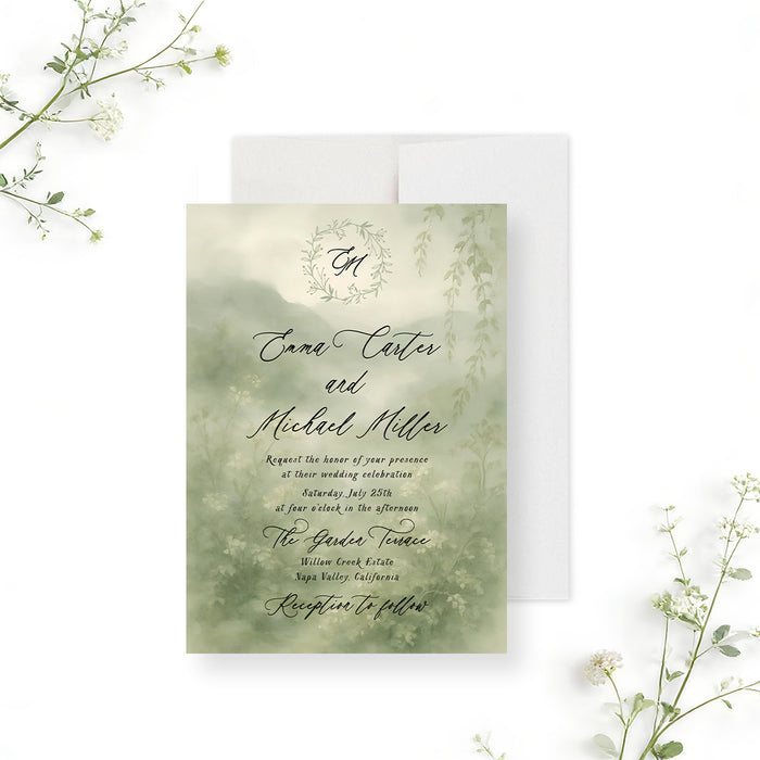 Personalized garden wedding invitation with misty sage watercolor greenery, leafy monogram wreath, couple’s names, venue and event details-front