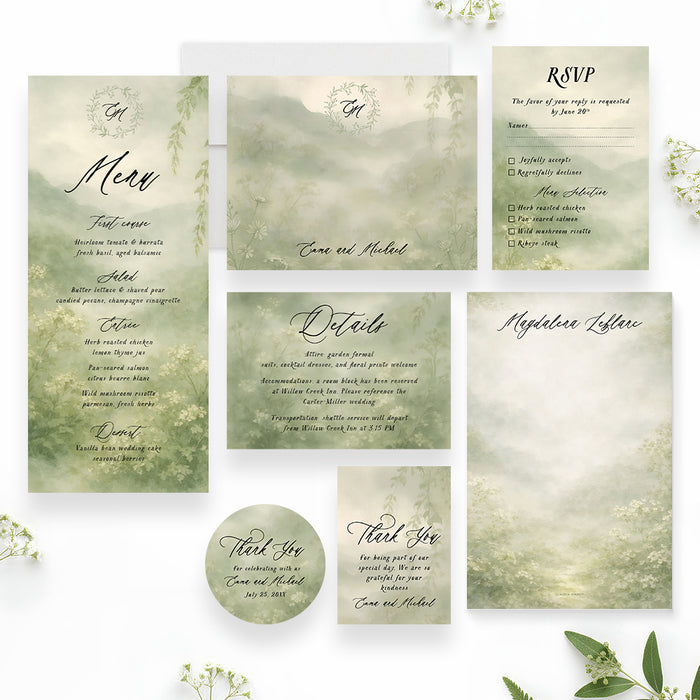 Personalized Garden Wedding Invitation with Greenery Monogram Wreath