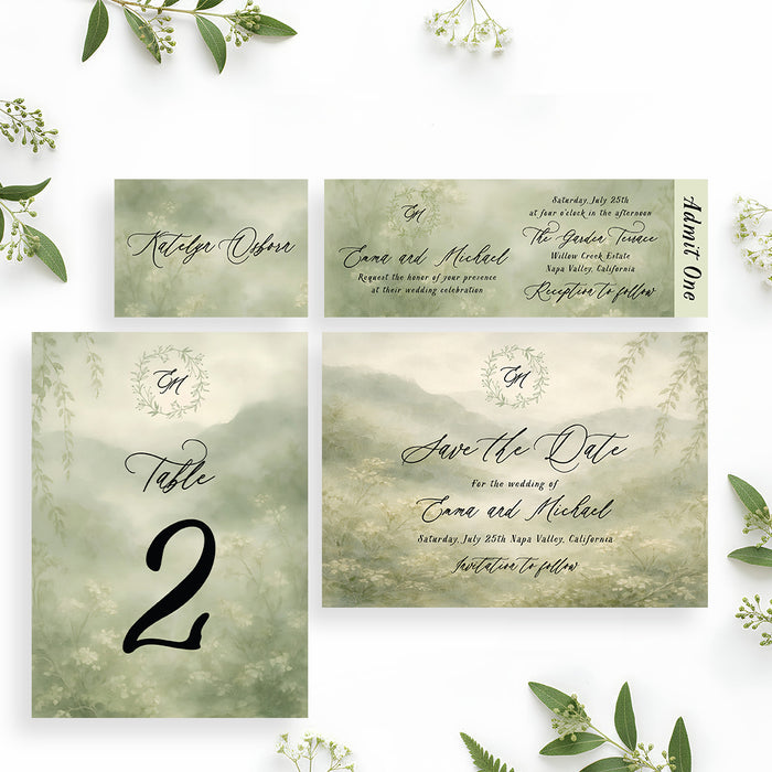 Personalized Garden Wedding Invitation with Greenery Monogram Wreath