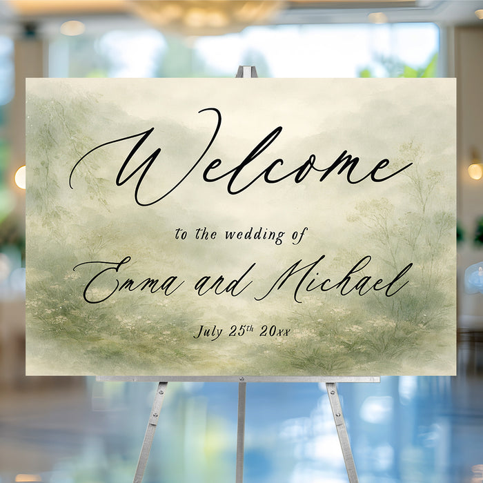 Personalized garden wedding welcome sign with Emma and Michael names, July wedding date and misty sage green landscape with delicate wildflowers