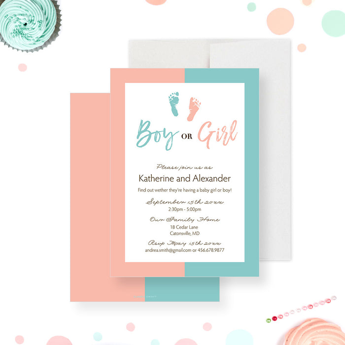 Personalized boy or girl gender reveal invitation in pink and aqua blue with baby footprints and custom party details-front-back