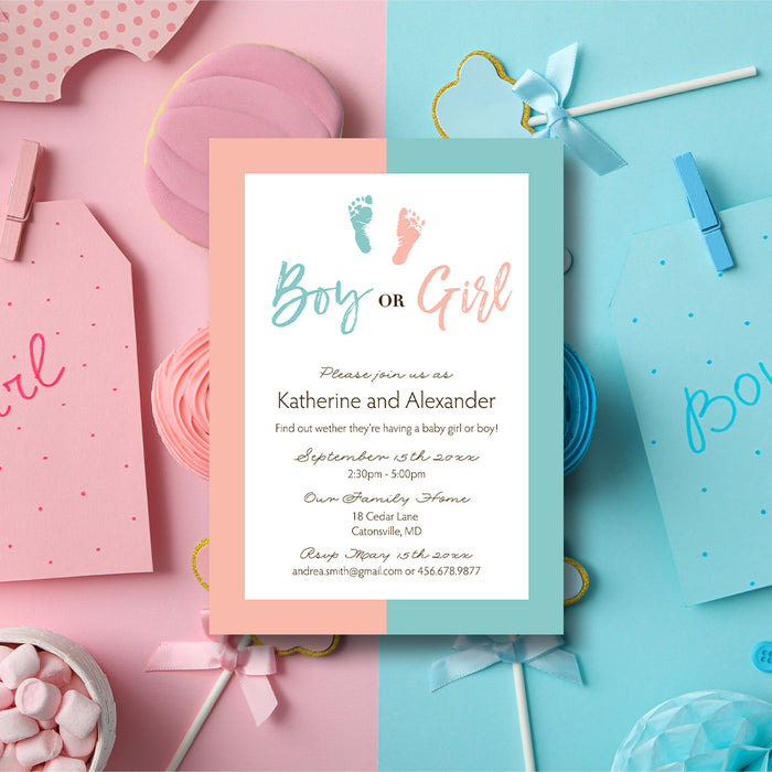 Personalized boy or girl gender reveal invitation in pink and aqua blue with baby footprints and custom party details-front