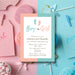 Personalized boy or girl gender reveal invitation in pink and aqua blue with baby footprints and custom party details-front