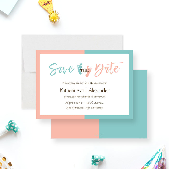 Personalized pink and blue gender reveal save the date card with baby footprints, parents-to-be's names, and event date-front-back