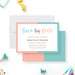 Personalized pink and blue gender reveal save the date card with baby footprints, parents-to-be's names, and event date-front-back