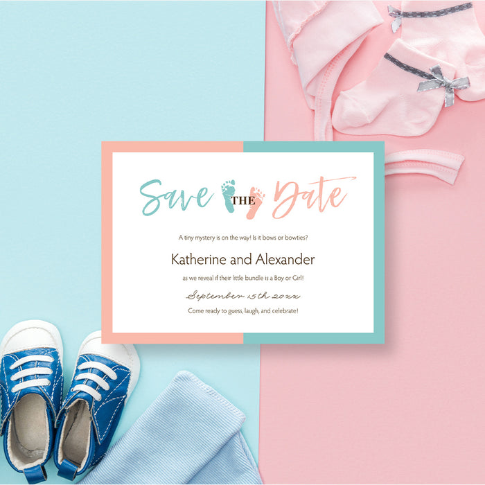 Personalized pink and blue gender reveal save the date card with baby footprints, parents-to-be's names, and event date-front