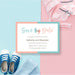 Personalized pink and blue gender reveal save the date card with baby footprints, parents-to-be's names, and event date-front