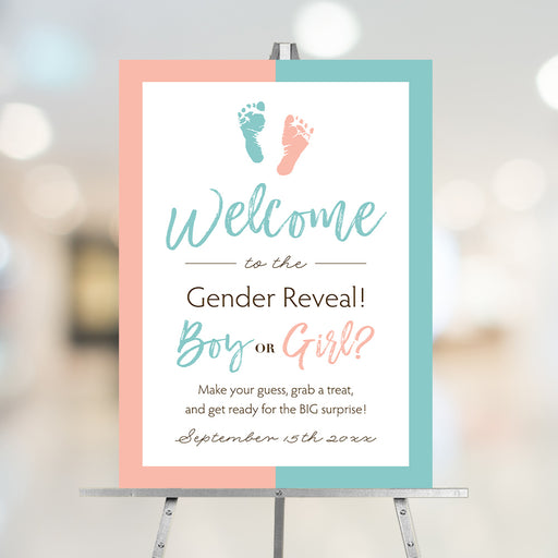 Personalized Boy or Girl gender reveal welcome sign with pink and aqua blue border, baby footprints, custom event details and date