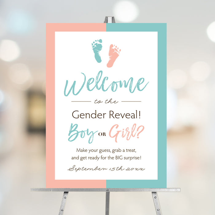 Personalized Boy or Girl gender reveal welcome sign with pink and aqua blue border, baby footprints, custom event details and date