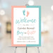 Personalized Boy or Girl gender reveal welcome sign with pink and aqua blue border, baby footprints, custom event details and date