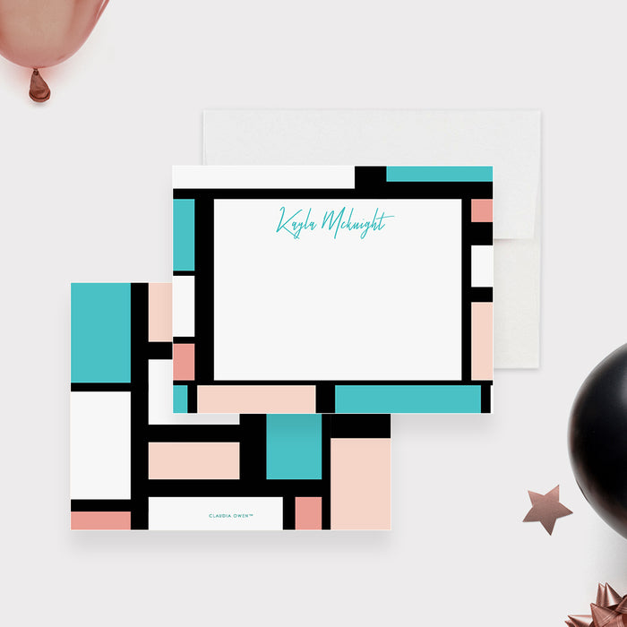 Personalized geometric 40th birthday thank you card with black border, aqua and blush color blocks and blank handwritten-message area-front-back