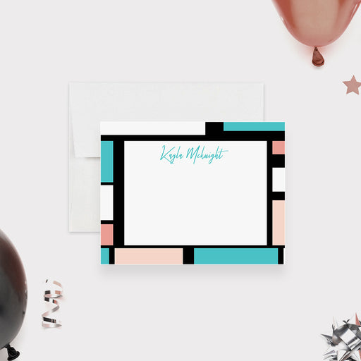 Personalized geometric 40th birthday thank you card with black border, aqua and blush color blocks and blank handwritten-message area-front