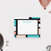 Personalized geometric 40th birthday thank you card with black border, aqua and blush color blocks and blank handwritten-message area-front