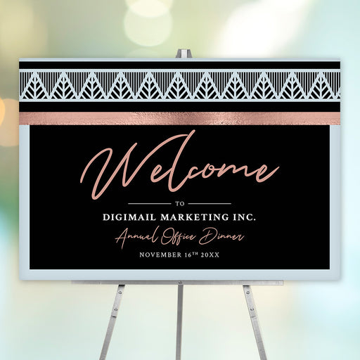 Personalized corporate annual dinner welcome sign with geometric black-and-white pattern, blush accents, company name and event date