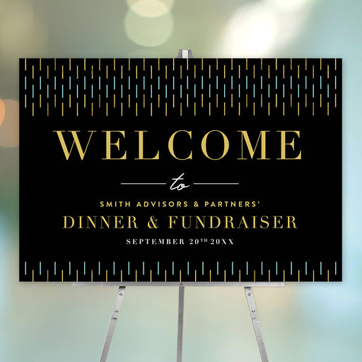 Personalized geometric corporate fundraising dinner welcome sign with black background, yellow and aqua line border, organization name and event date