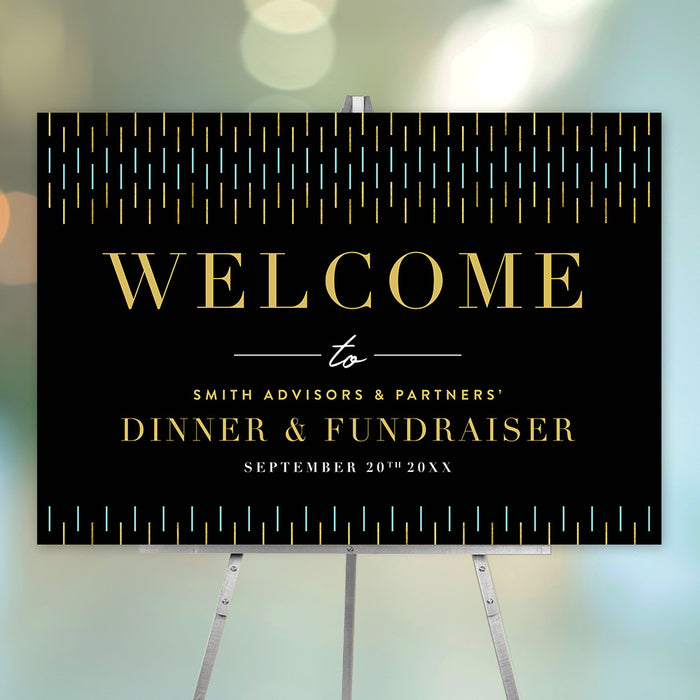 Personalized geometric corporate fundraising dinner welcome sign with black background, yellow and aqua line border, organization name and event date