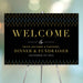 Personalized geometric corporate fundraising dinner welcome sign with black background, yellow and aqua line border, organization name and event date