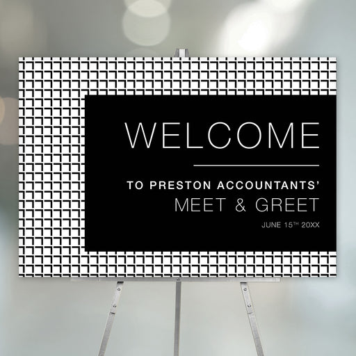 Personalized corporate meet and greet welcome sign with black-and-white geometric border, custom company name, event title and date