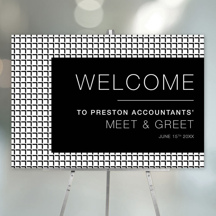 Personalized corporate meet and greet welcome sign with black-and-white geometric border, custom company name, event title and date