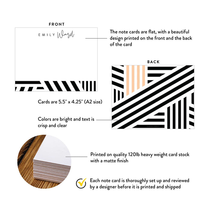 Front and back of personalized geometric note cards with peach accents with A2 size and matte cardstock details.