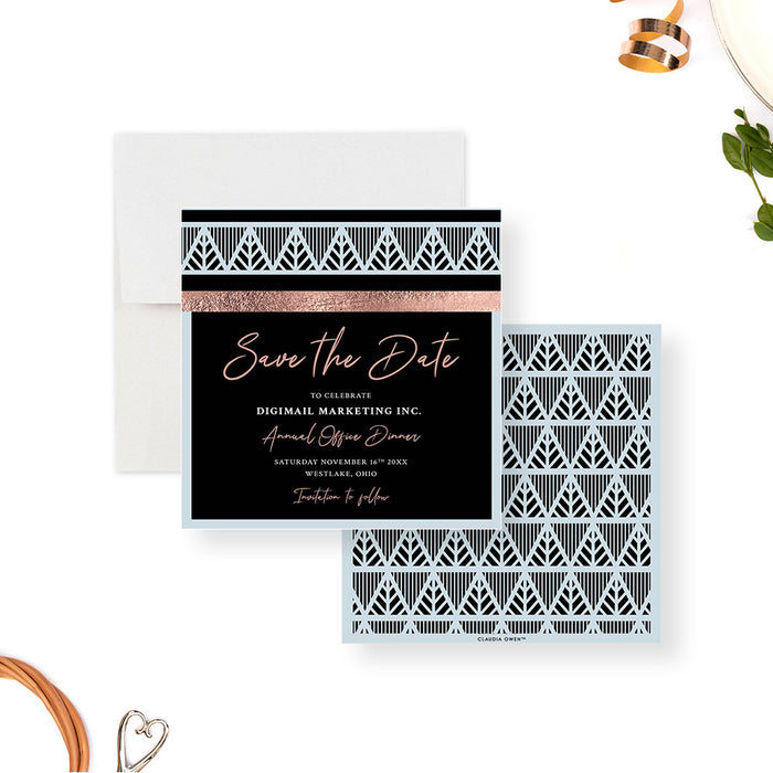Personalized Art Deco corporate dinner save the date card with black background, pale blue geometric border, blush script, and custom company event details-front-back