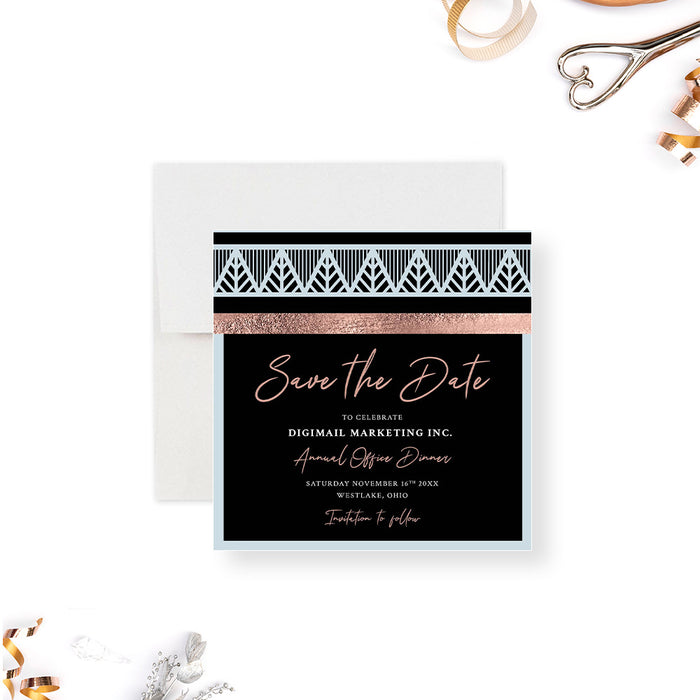 Personalized Art Deco corporate dinner save the date card with black background, pale blue geometric border, blush script, and custom company event details-front
