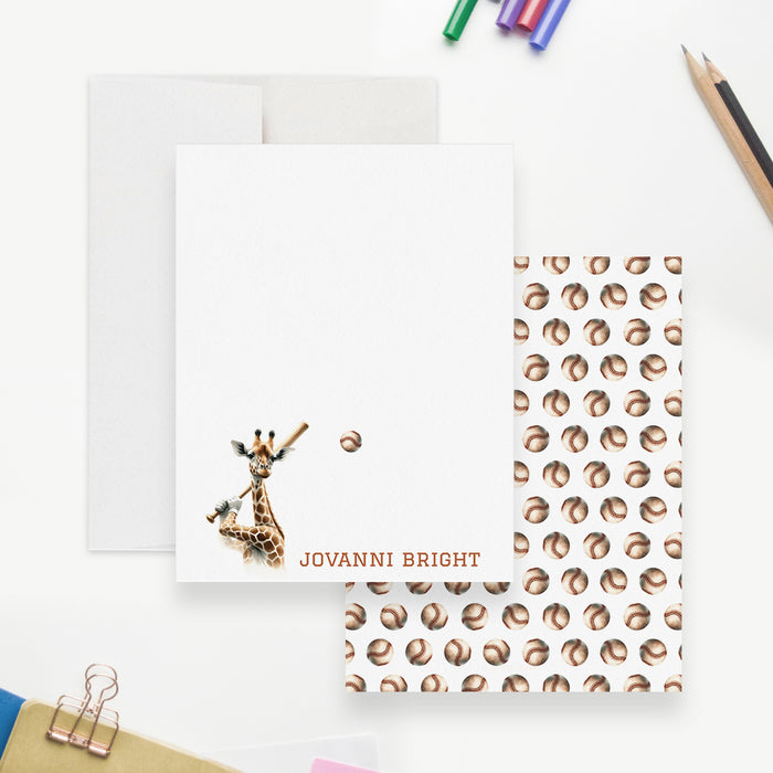 Personalized children's baseball note cards with a giraffe and baseball bat on the white front and a repeating giraffe pattern on the reverse.