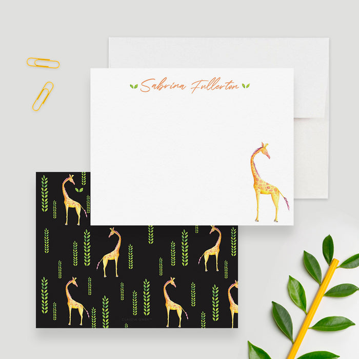 Personalized children's note card with orange name lettering and colorful giraffe illustration-front-back