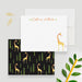 Personalized children's note card with orange name lettering and colorful giraffe illustration-front-back
