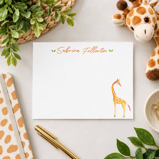 Personalized children's note card with orange name lettering and colorful giraffe illustration-front