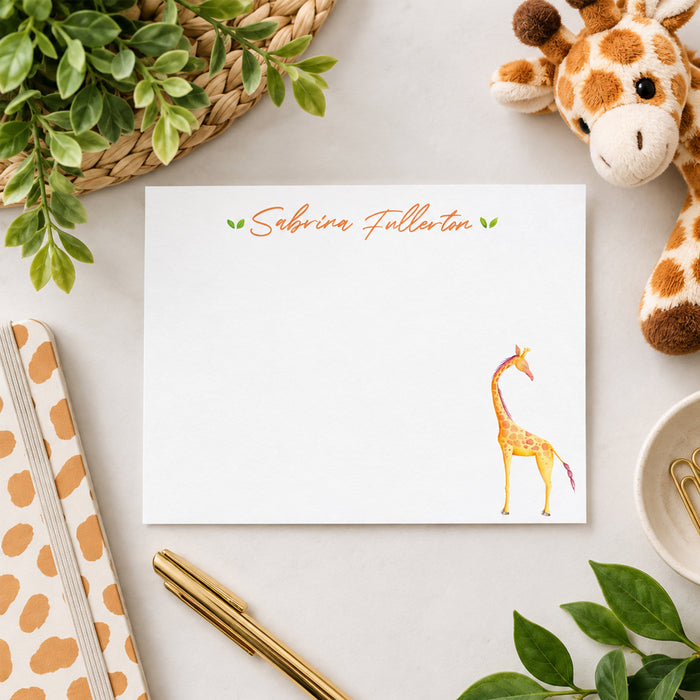 Personalized children's note card with orange name lettering and colorful giraffe illustration-front