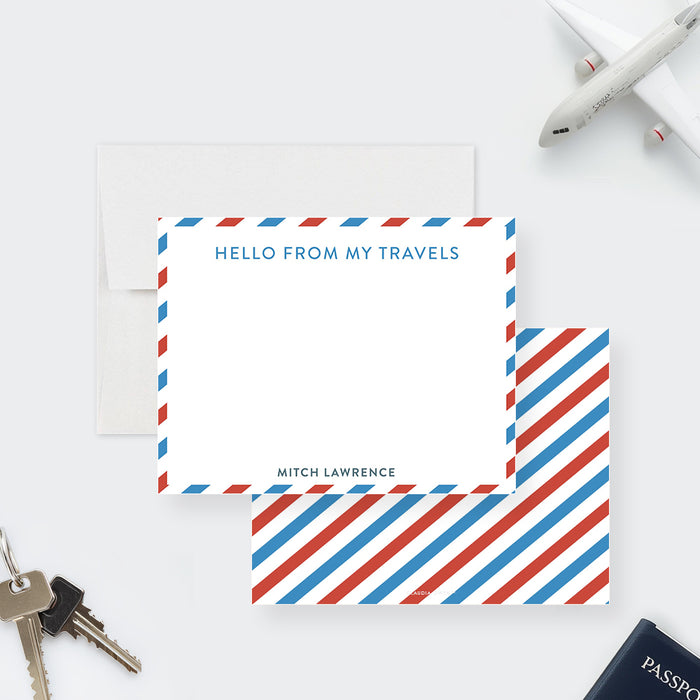personalized airmail thank you card with red and blue border, custom name, and travel-inspired farewell stationery design-side