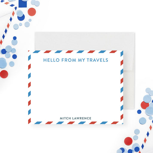 personalized airmail thank you card with red and blue border, custom name, and travel-inspired farewell stationery design