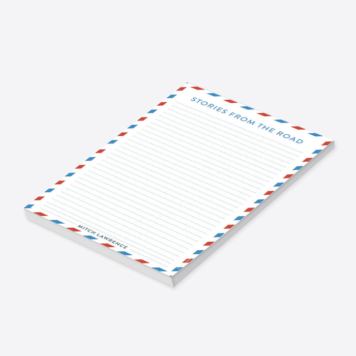 personalized notepad with red and blue airmail border, lined writing space, travel-themed heading, and custom name-side