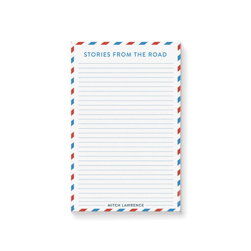 personalized notepad with red and blue airmail border, lined writing space, travel-themed heading, and custom name