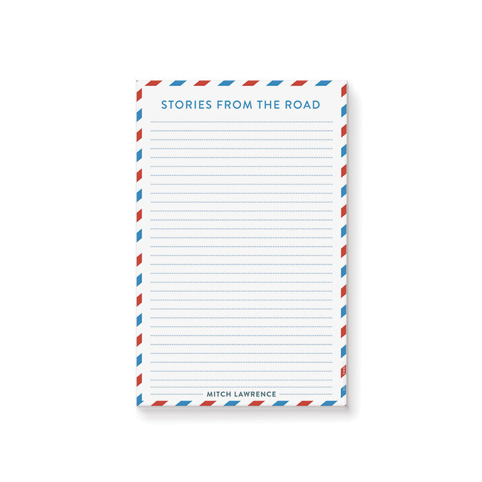 personalized notepad with red and blue airmail border, lined writing space, travel-themed heading, and custom name