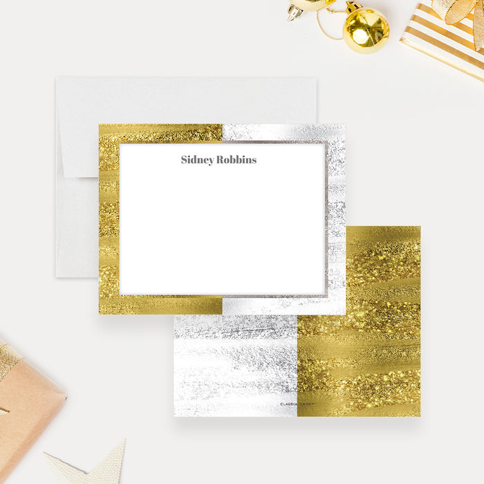 Personalized Gold and Silver Business Note Cards. Front and matching printed gold and silver texture divided across the back displayed with a white envelope.