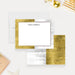 Personalized Gold and Silver Business Note Cards. Front and matching printed gold and silver texture divided across the back displayed with a white envelope.