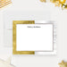 Personalized note card with a white front with a printed gold and silver textured border and personalized name. Shown with a white envelope.