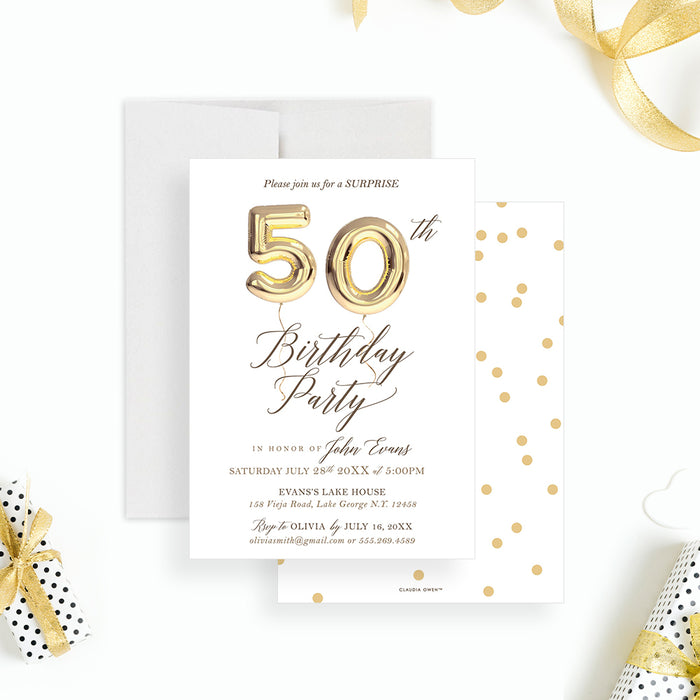 Personalized 50th birthday invitation with gold number balloons and elegant script lettering, shown with a white envelope-front-back
