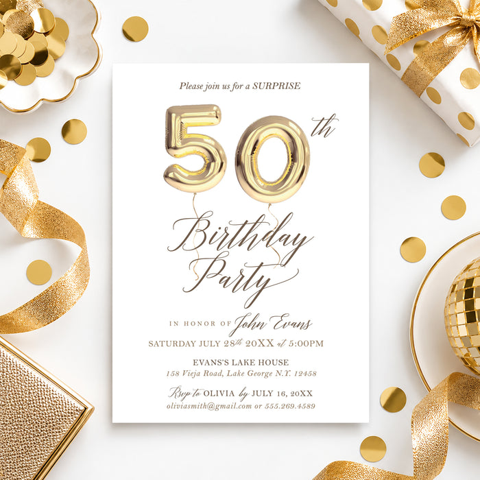 Personalized 50th birthday invitation with gold number balloons and elegant script lettering, shown with a white envelope